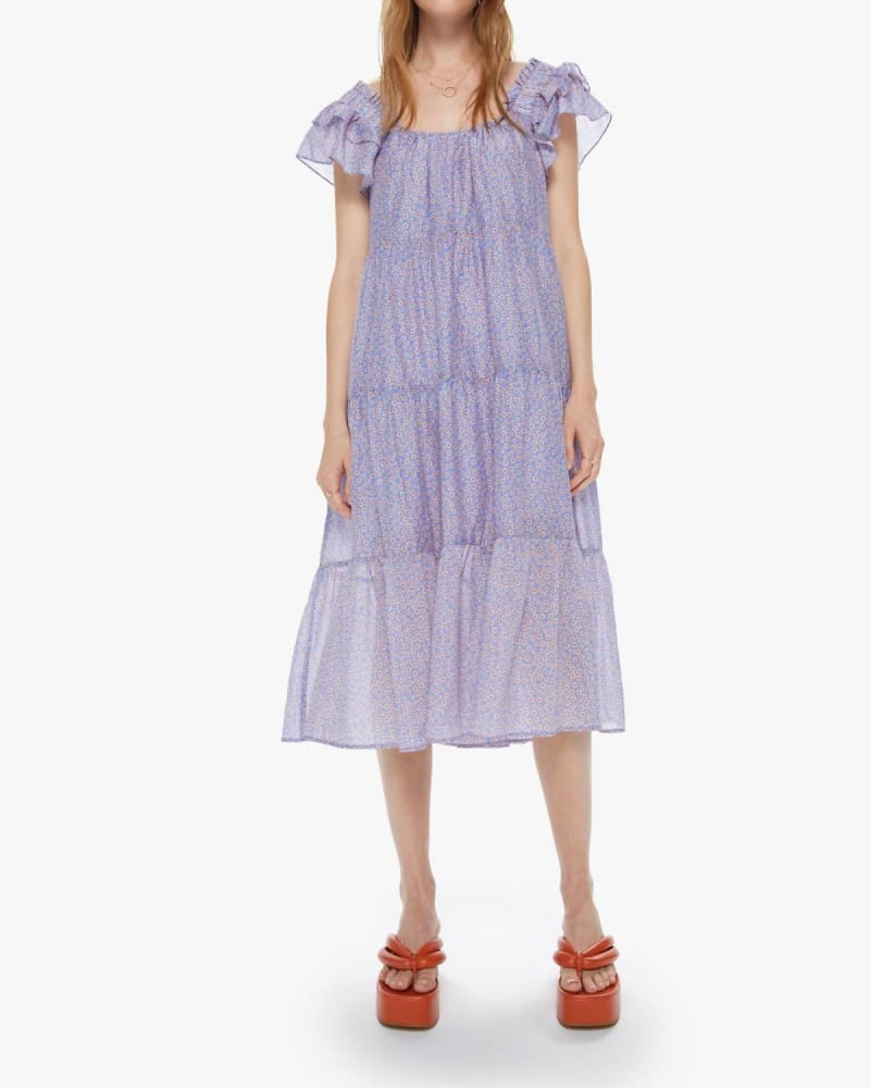 Front of a model wearing a size L Larken Dress in Blu Flora in Blu Flora by XIRENA. | dia_product_style_image_id:336013